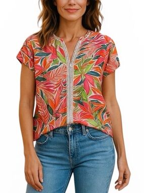 C&C California Tropical Embroidered Top Short Sleeve Size Medium